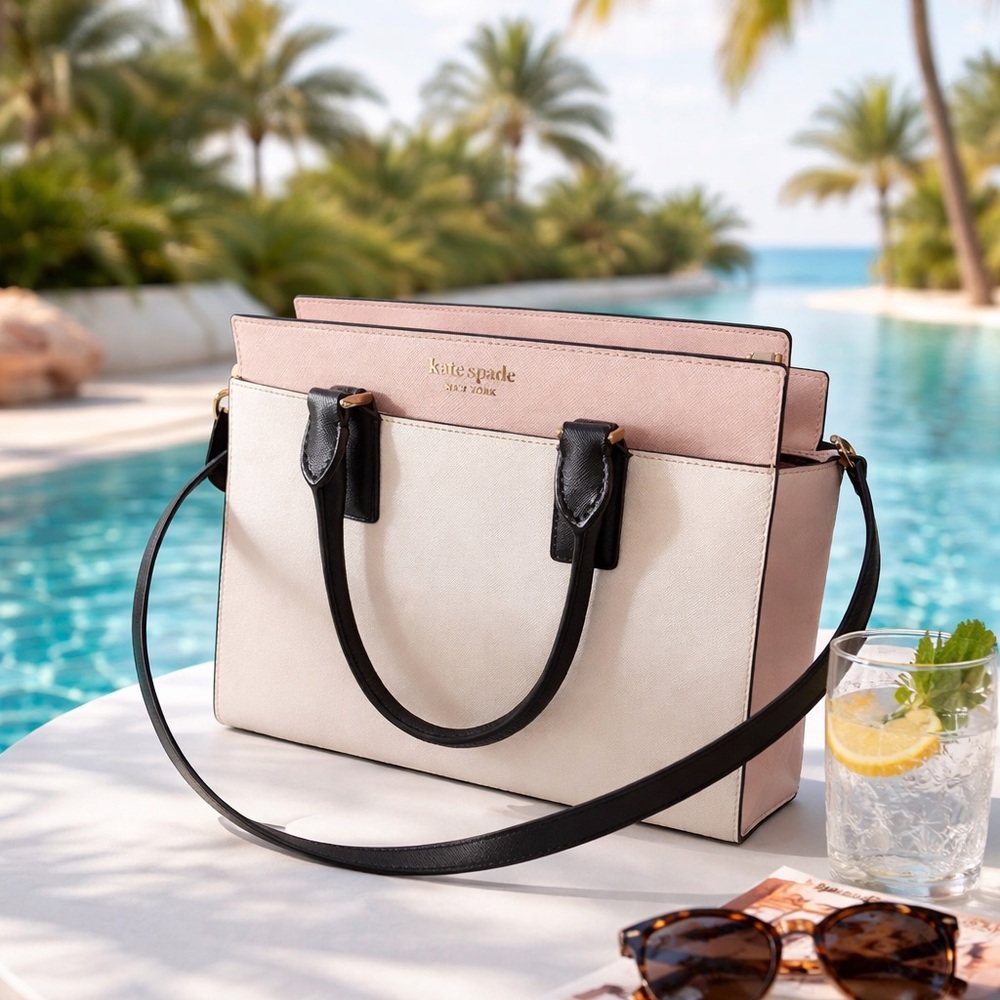 Kate Spade Newbury Lane Cammie Satchel Cream Black Leather Crossbody Bag